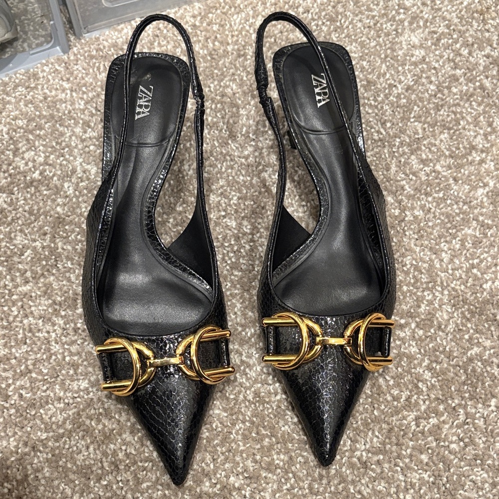 Zara Black Textured Heels with Gold Accents